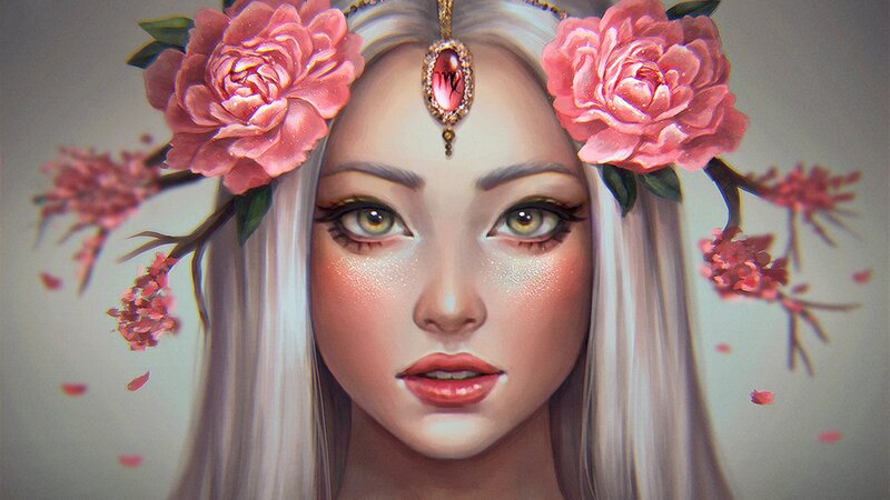 Woman with Floral Crown — Pink, Serene, Spring, Digital Art, Flowers, Jewelry