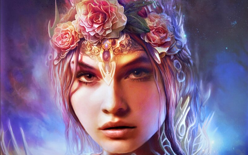 Woman with Floral Crown — Purple, Dramatic, Digital Art, Flowers