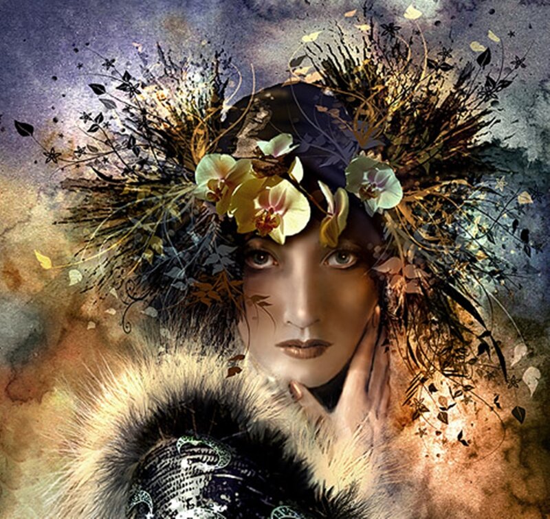 Woman with Floral Crown — Purple, Dramatic, Digital Art