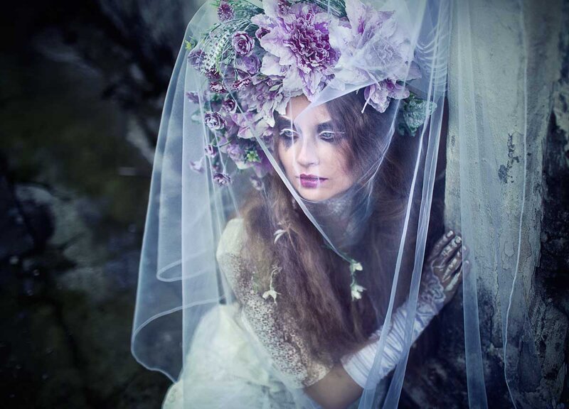 Woman with Floral Crown — Purple, Dramatic, Photograph, Veil