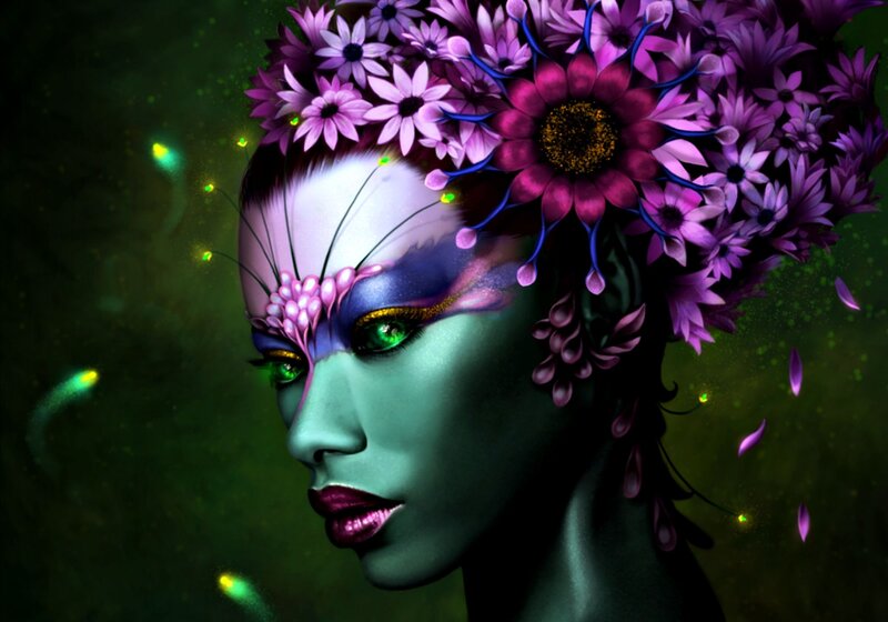 Woman with Floral Crown — Purple, Mystical, Night