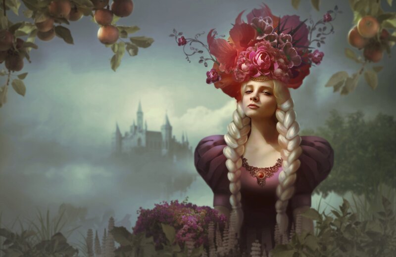 Woman with Floral Crown — Purple, Serene, Digital Art, Castle