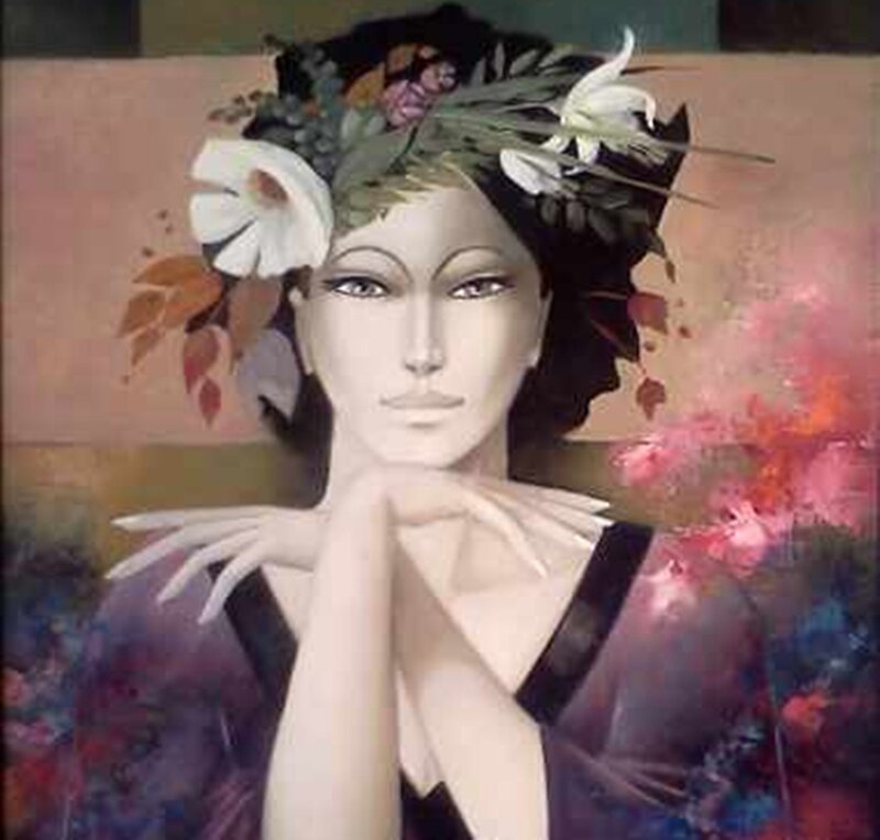 Woman with Floral Crown — Purple, Serene, Painting