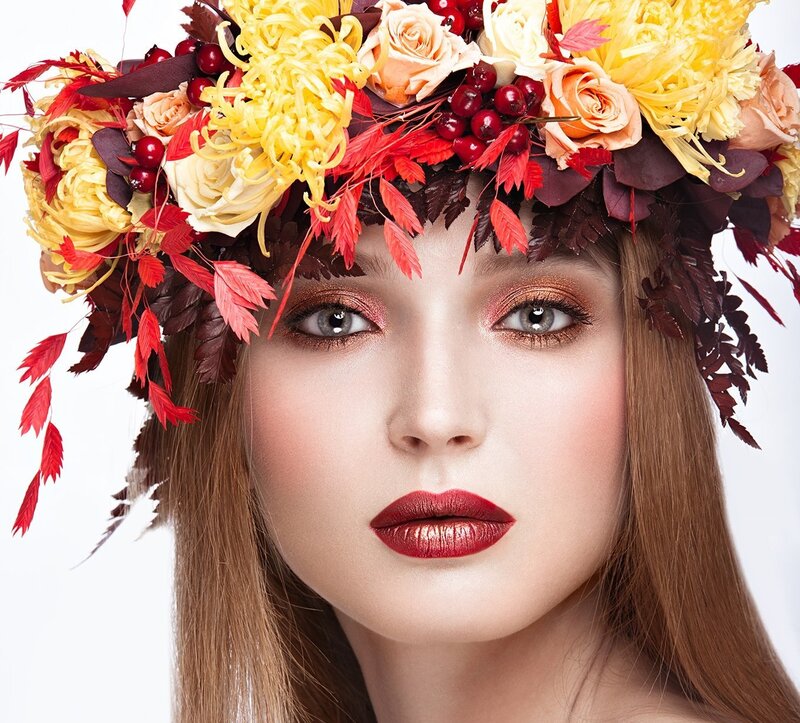 Woman with Floral Crown — Red, Dramatic, Autumn, Photograph
