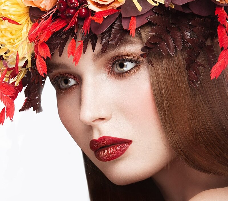 Woman with Floral Crown — Red, Dramatic, Autumn