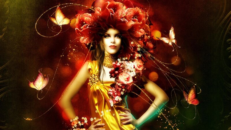 Woman with Floral Crown — Red, Dramatic, Digital Art, Butterflies, Flowers