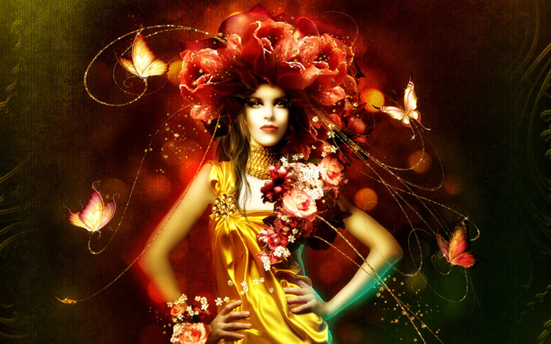 Woman with Floral Crown — Red, Dramatic, Digital Art, Butterflies