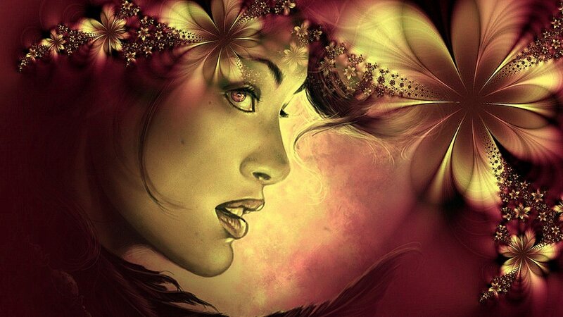 Woman with Floral Crown — Red, Dramatic, Digital Art, Flowers, Fractal Patterns