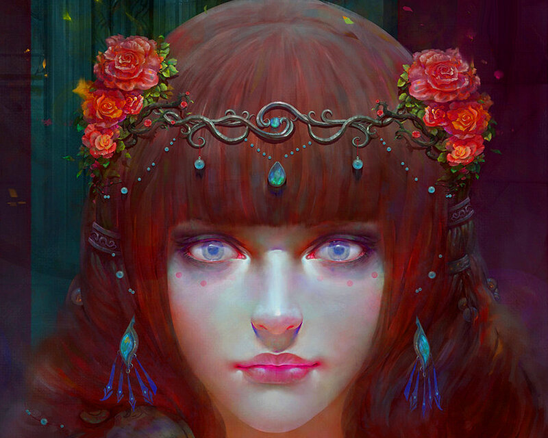 Woman with Floral Crown — Red, Dramatic, Digital Art, Flowers, Jewelry