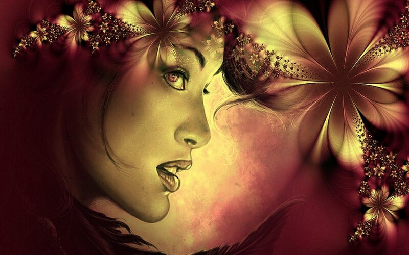 Woman with Floral Crown — Red, Dramatic, Digital Art