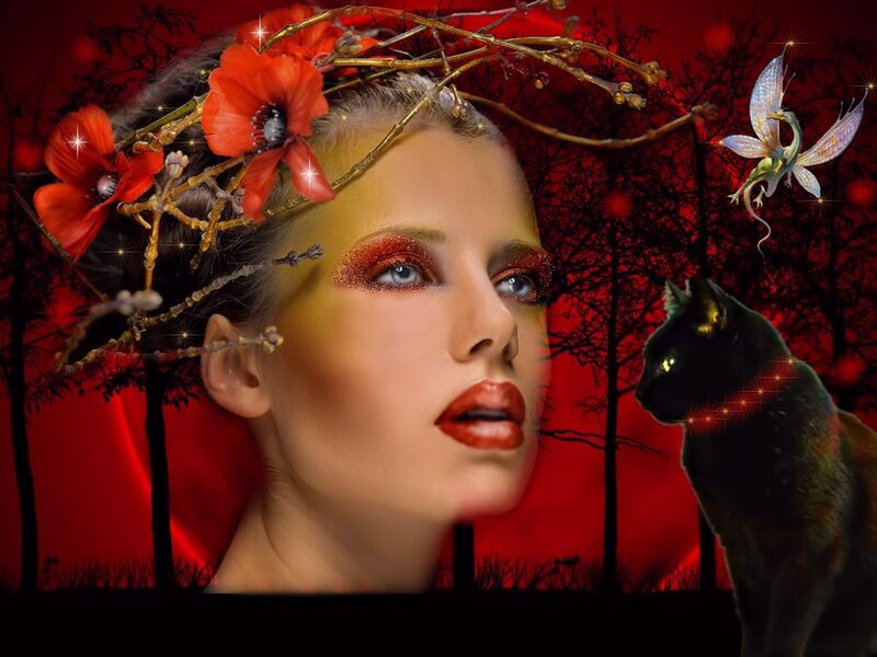 Woman with Floral Crown — Red, Dramatic, Night