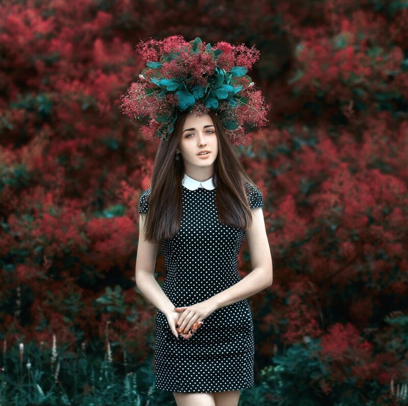 Woman with Floral Crown — Red, Dramatic, Photograph, Dress