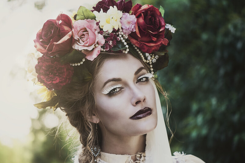 Woman with Floral Crown — Red, Dramatic, Photograph, Flowers, Makeup