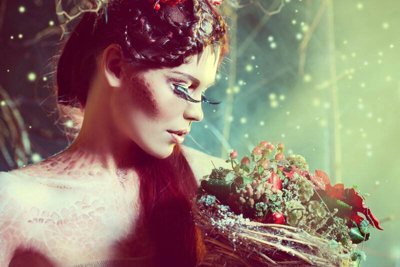 Woman with Floral Crown — Red, Dreamy, Photograph