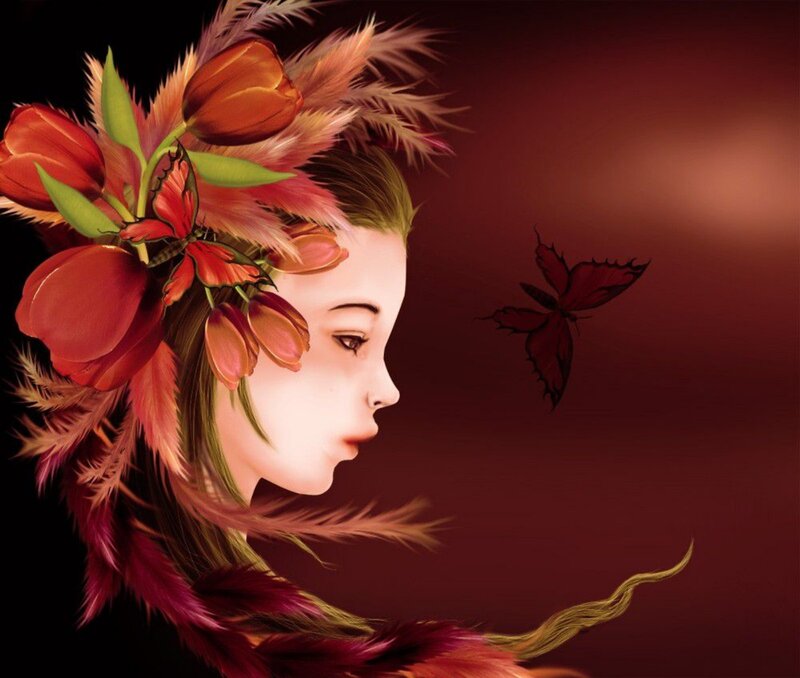 Woman with Floral Crown — Red, Dreamy