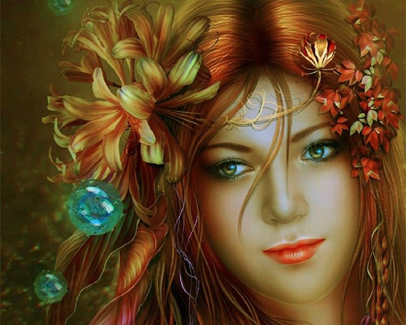 Woman with Floral Crown — Red, Serene, Digital Art, Flowers