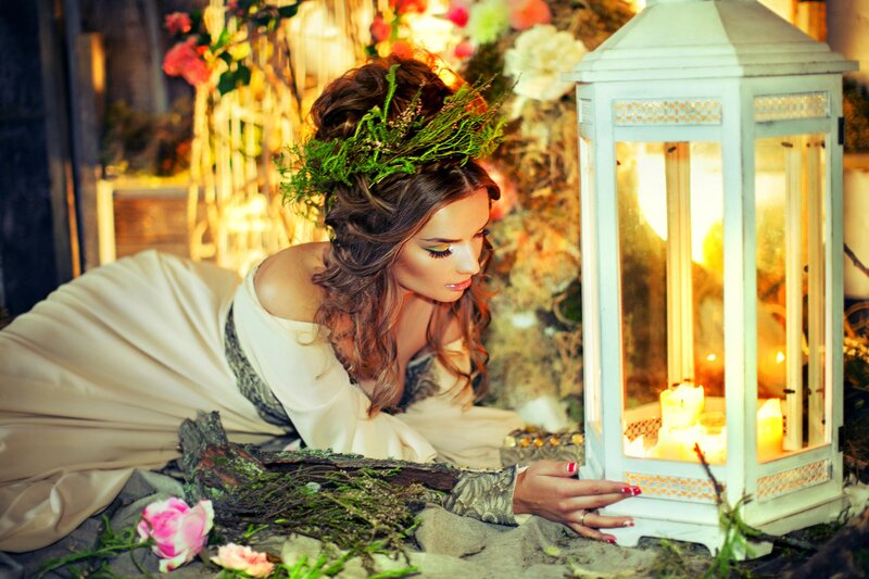 Woman with Floral Crown — White, Dramatic, Night