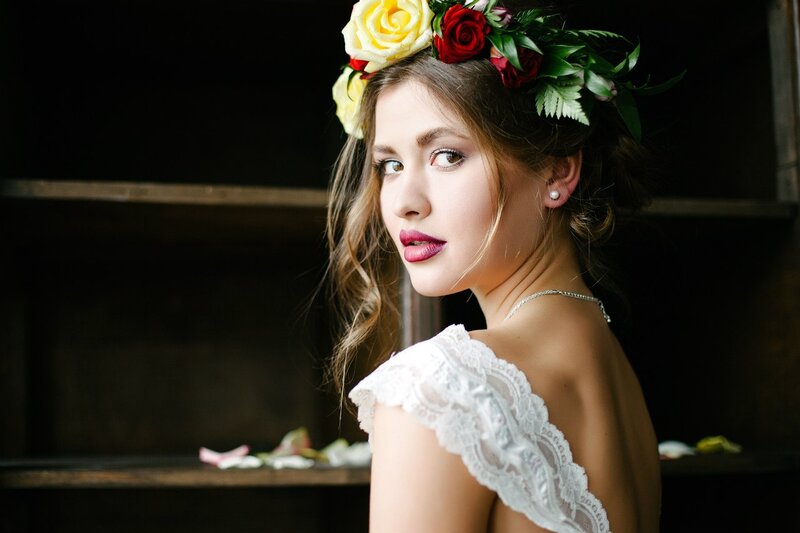 Woman with Floral Crown — White, Dramatic, Photograph, Flowers, Lace Dress