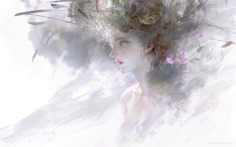 Woman with Floral Crown — White, Ethereal, Digital Art