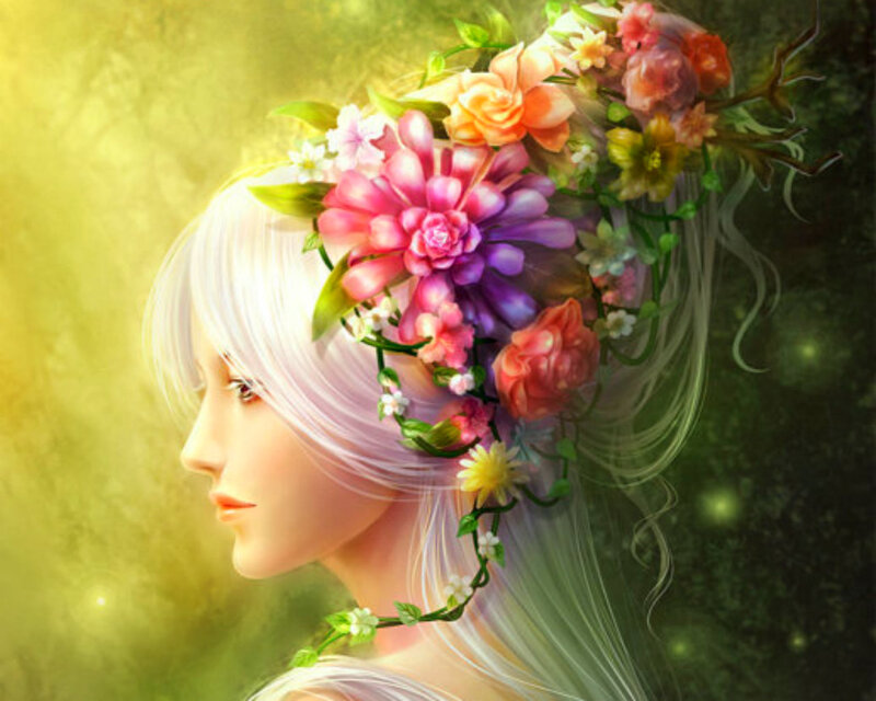 Woman with Floral Crown — White, Serene, Afternoon, Digital Art