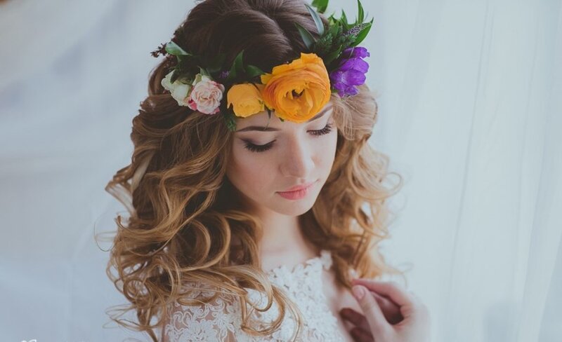 Woman with Floral Crown — White, Serene, Photograph, Flowers, Hair