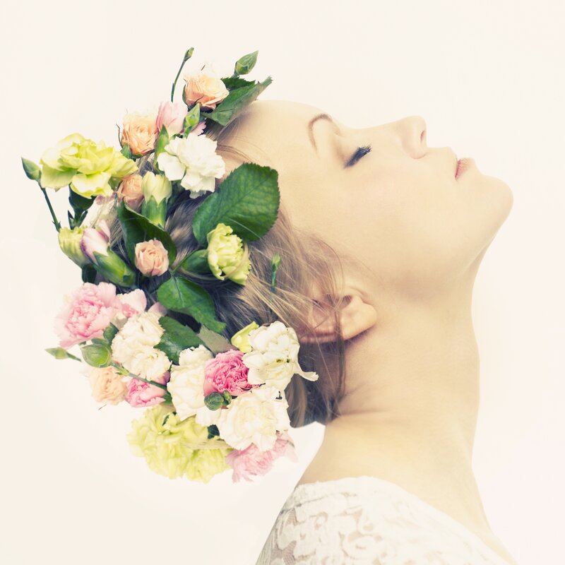 Woman with Floral Crown — White, Serene, Photograph, Flowers