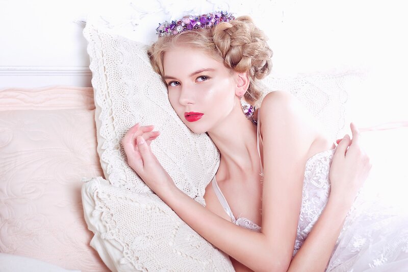 Woman with Floral Crown — White, Serene, Photograph, Pillow