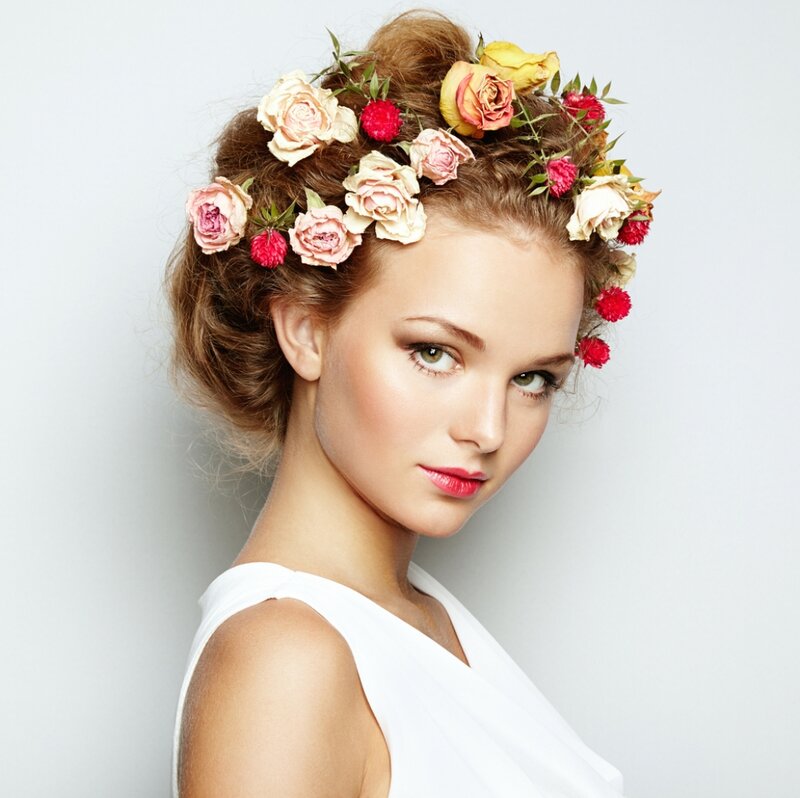 Woman with Floral Crown — White, Serene, Photograph