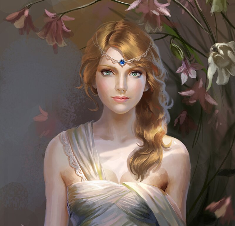 Woman with Floral Crown — White, Serene, Spring, Digital Art, Flowers
