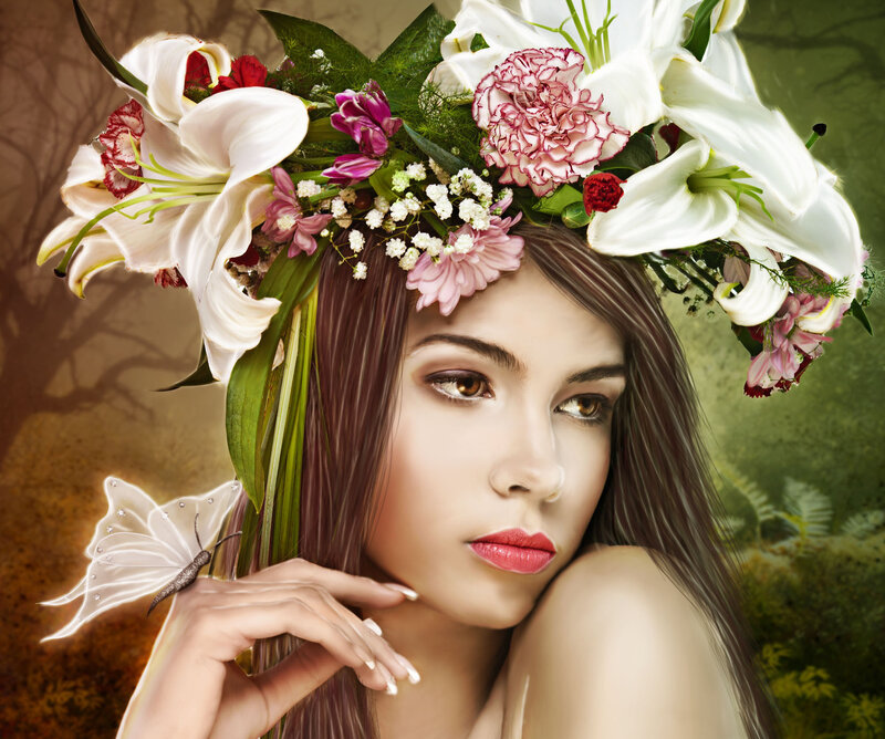 Woman with Floral Crown — White, Serene, Spring, Digital Art