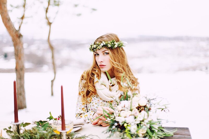 Woman with Floral Crown — White, Serene, Winter, Photograph