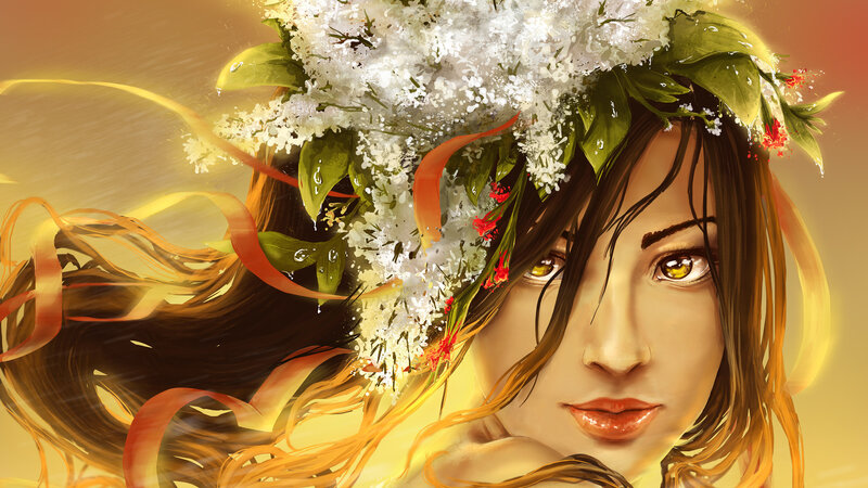 Woman with Floral Crown — Yellow, Dramatic, Sunset, Digital Art, Flowers
