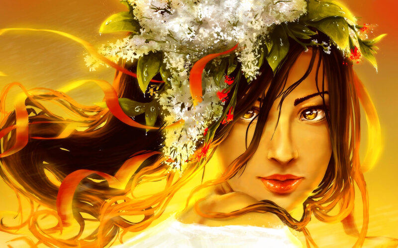 Woman with Floral Crown — Yellow, Dramatic, Sunset, Digital Art