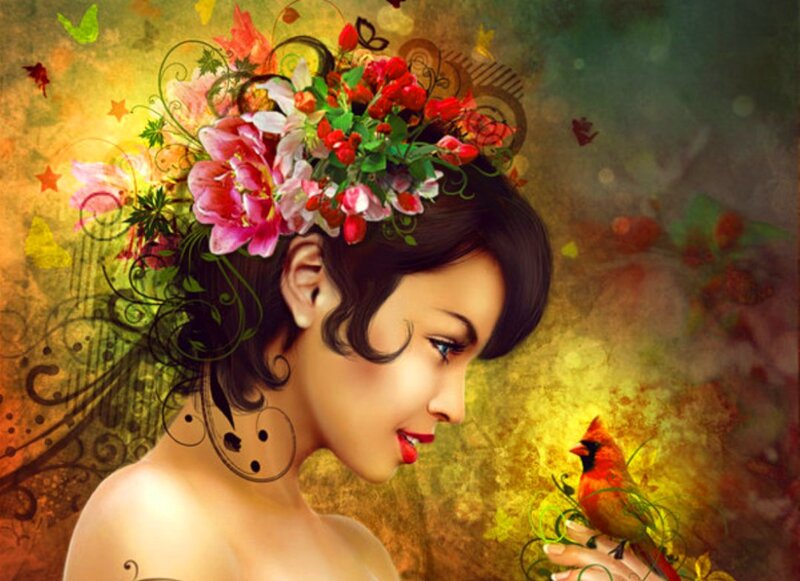 Woman with Floral Crown — Yellow, Serene, Digital Art