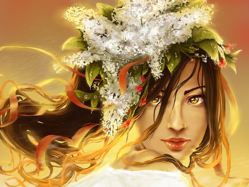 Woman with Floral Crown — Yellow, Serene, Sunset, Digital Art