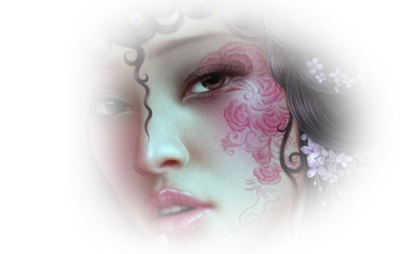 Woman with Floral Face Art — Pink, Serene, Digital Art