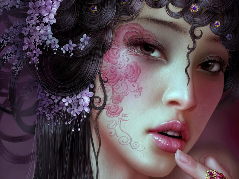 Woman with Floral Face Art — Purple, Dramatic, Digital Art, Flowers