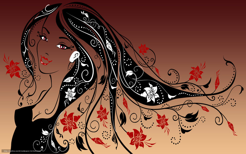 Woman with Floral Hair — Black, Dramatic, Vector Art
