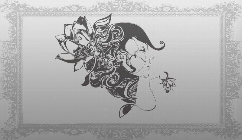 Woman with Floral Hair — Black, Serene, Illustration