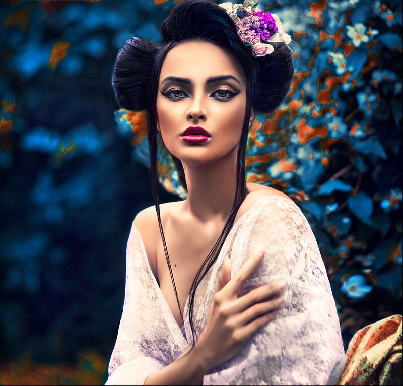 Woman with Floral Hair — Blue, Dramatic
