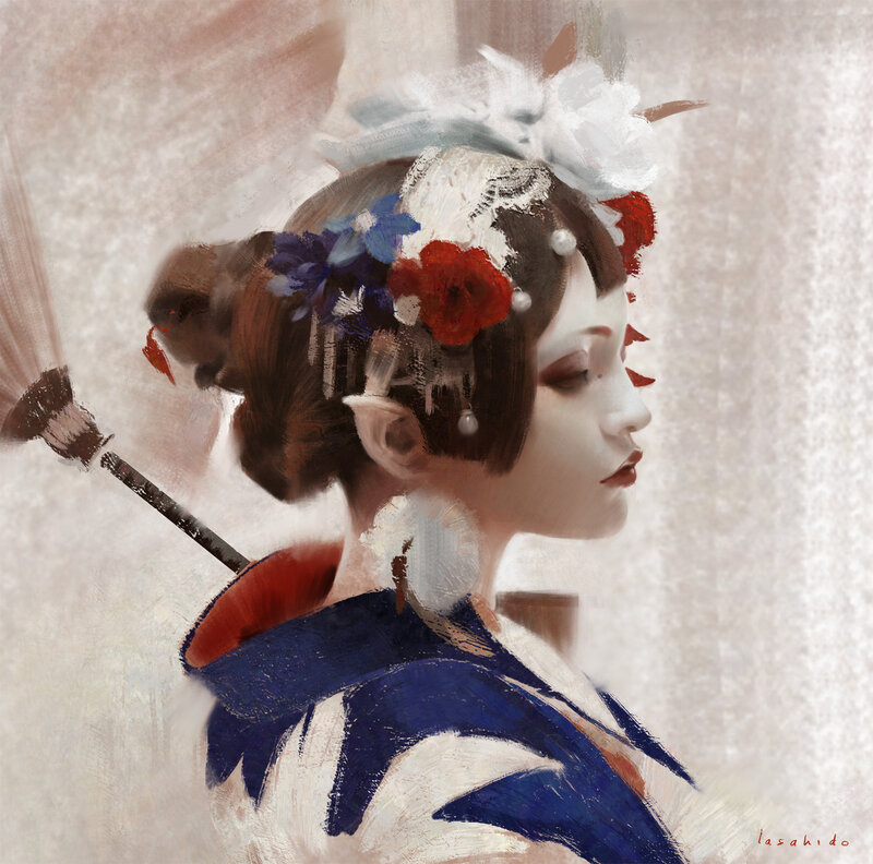 Woman with Floral Hair — Blue, Serene, Digital Art