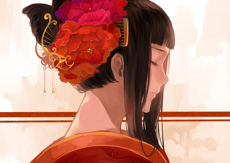 Woman with Floral Hair Ornament — Red