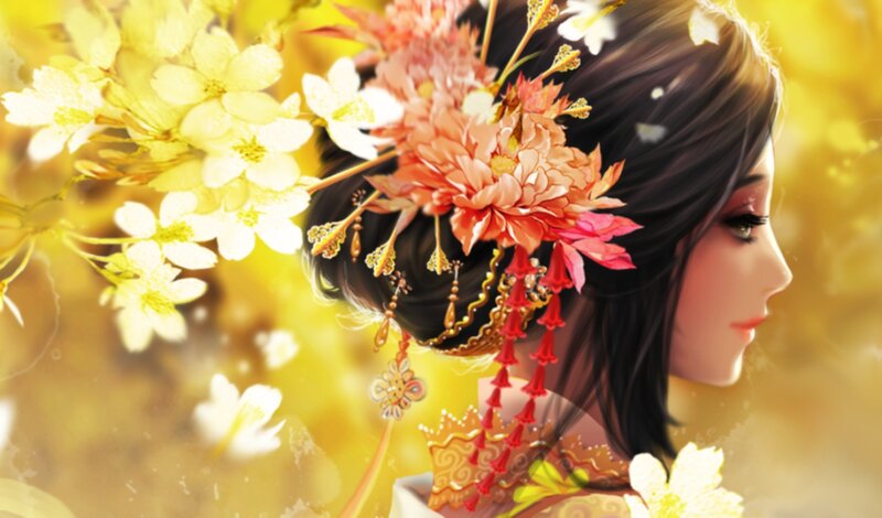 Woman with Floral Hair Ornament — Yellow