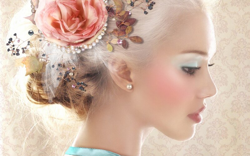 Woman with Floral Hair — Pink, Serene, Digital Art
