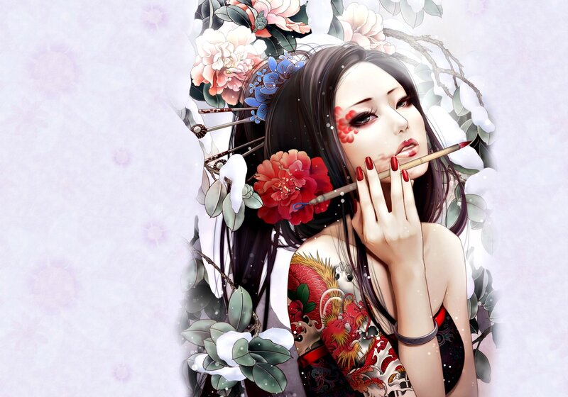 Woman with Floral Hair — White, Serene, Digital Art, Tattoo