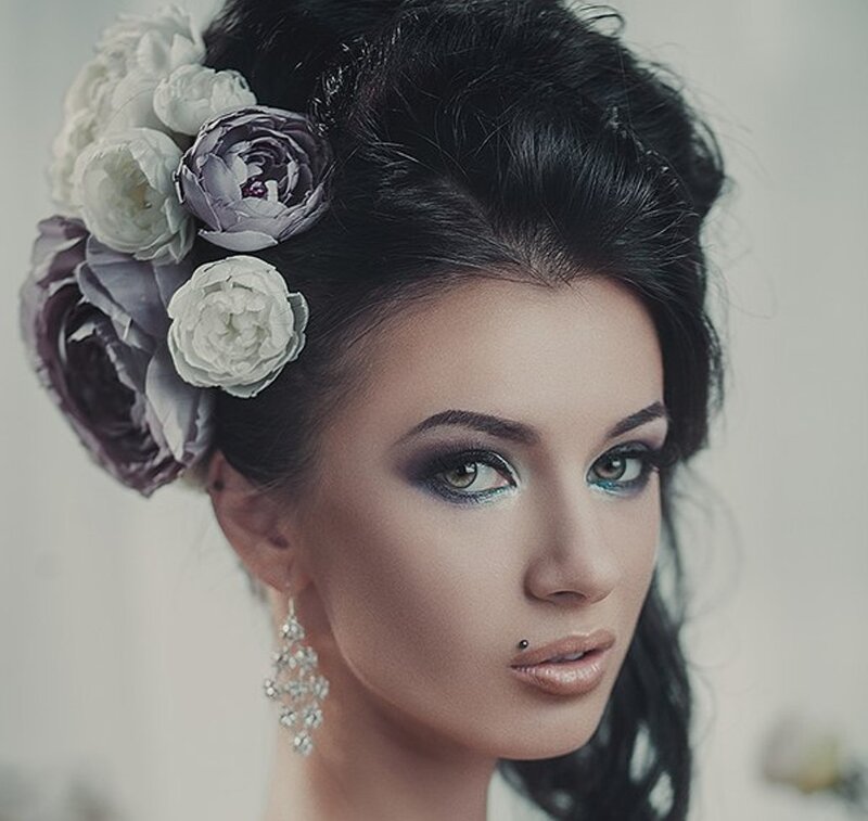 Woman with Floral Hairpiece — Black, Dramatic, Photograph