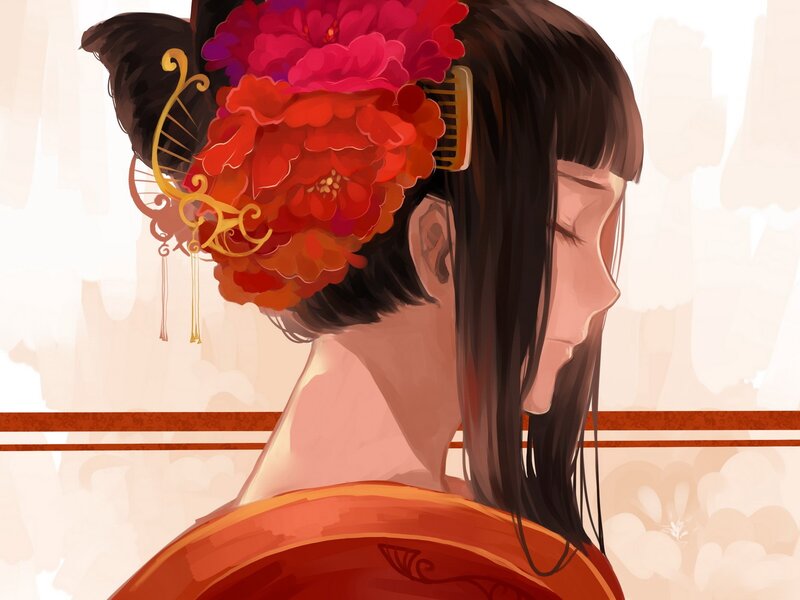 Woman with Floral Hairpiece — Red