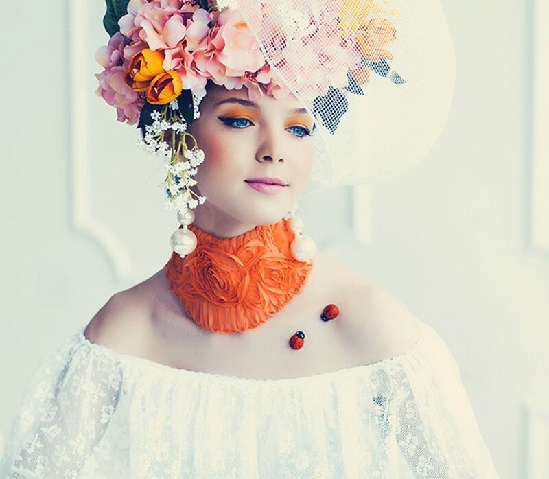 Woman with Floral Hat — White, Dramatic, Photograph, Floral Hat