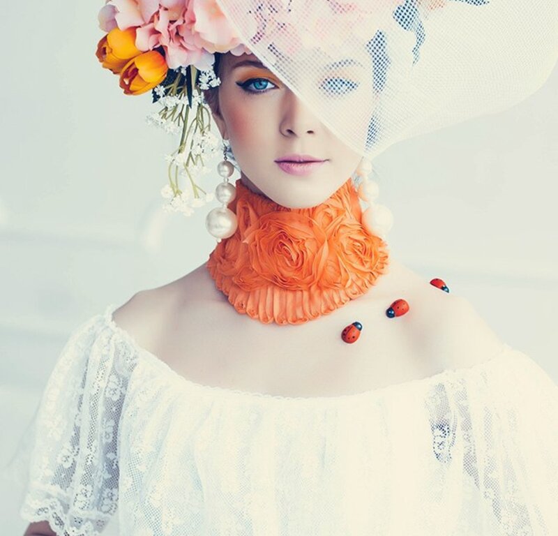 Woman with Floral Hat — White, Dramatic, Photograph