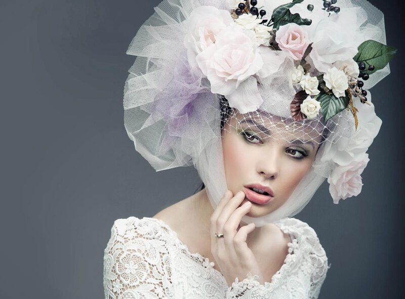 Woman with Floral Hat — White, Dramatic